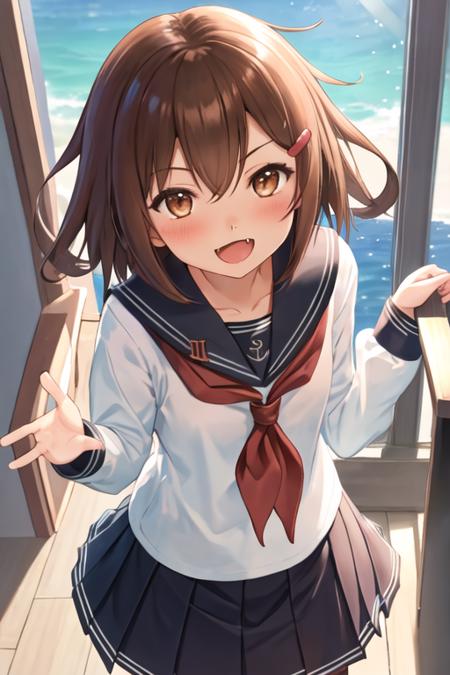 best quality, masterpiece, highres, solo, {ikazuchi_kantaicollection:1.15}, brown_hair, short_hair, hairclip, hair_ornament, brown_eyes, serafuku, fang, open_mouth, smile, blush, 1girl, long_sleeves, neckerchief, red_neckerchief, school_uniform, looking_at_viewer