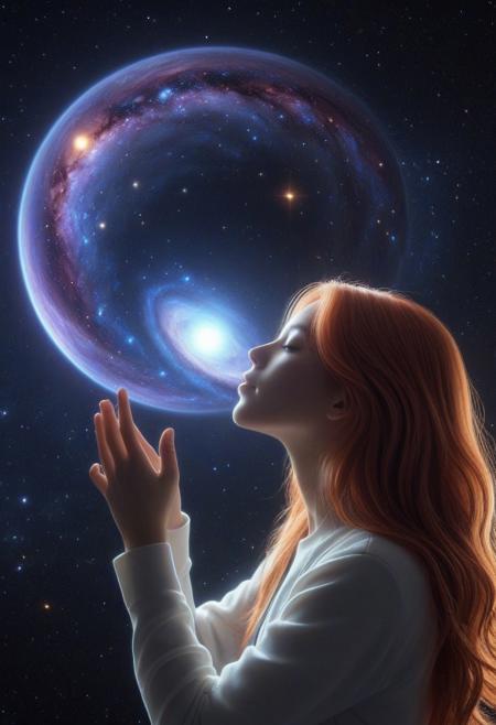 masterpiece, best quality, amazing quality, very aesthetic, absurdres, newest, extreme detail,fantastic,fantastic,hdr,4k,8k,hdr,1girl,solo, BREAK  CosmicStyle,upper_body,galaxy,holding_planet,cosmic.glowing_hair,anime,side_view,closed_eyes,nebula,shooting_star,universe