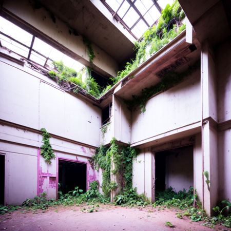 photo,  an abandoned building with plants growing all over it (Overgrown style:1) <lora:djzOvergrownV21:1>