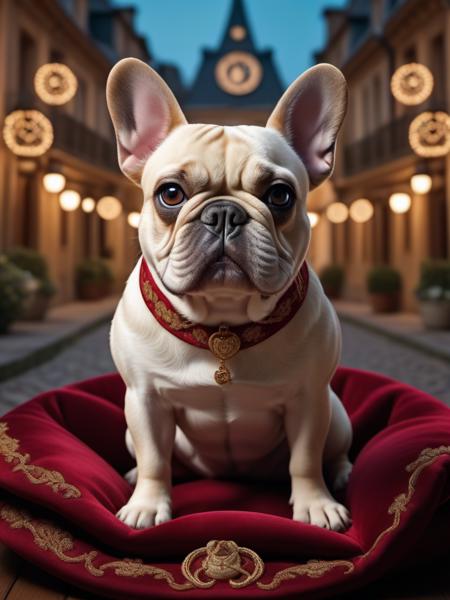 cinematic photo Embroidery of a Smug, Nonchalant French Bulldog, equirectangular 360, Romantic, art by Michael Hutter . 35mm photograph, film, bokeh, professional, 4k, highly detailed