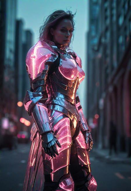 by night woman wearing translucent glowing pink glass armor, holographique armor, standing on a futuristic city street, fighting pose, dramatic light, cinematic grain, electric aura around her, hkstyle