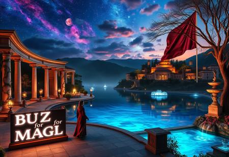 A mystical landscape at twilight, centered around a glowing crystal lake reflecting vibrant nebulae and distant galaxies. Grand marble columns and statues reminiscent of Italian architecture line the shores, adorned with glowing vines. Towering bioluminescent trees with ornate branches softly illuminate the scene, while terraced villas and cascading fountains, inspired by Tuscany, rise in the distance. Iridescent mountains blend with the luminous clouds above, creating a dreamlike horizon.
In the foreground, a figure in flowing robes reminiscent of Renaissance nobility stands on a stone piazza leading to the lake. Around them, floating orbs of light and ancient runes circle as they weave a magical spell. Nearby, an elegant wooden sign made from polished mahogany, with intricate scrollwork and gilded edges, reads ‘BUZZ for MAGIC’ in sleek Futura font, glowing faintly in neon white, perched atop a stone pedestal. In the background, a large flag sways gently in the wind, a seamless blend of the American flag’s stars and stripes with the Star of David from the Israeli flag, representing unity and strength. Golden lanterns sway in the gentle breeze, adding warmth to the serene atmosphere. The entire scene is a fusion of otherworldly beauty, timeless Italian elegance, and symbolic unity, where nature, art, and magic blend in perfect harmony