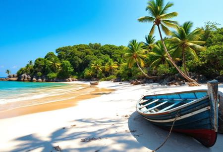 A serene beach scene with a sandy island beside a sparkling sea, lush forest filled with trees and large stones, bright blue sky, sunny atmosphere, swaying palm trees on the shore, a weathered broken boat resting in the corner of the frame, tranquil composition