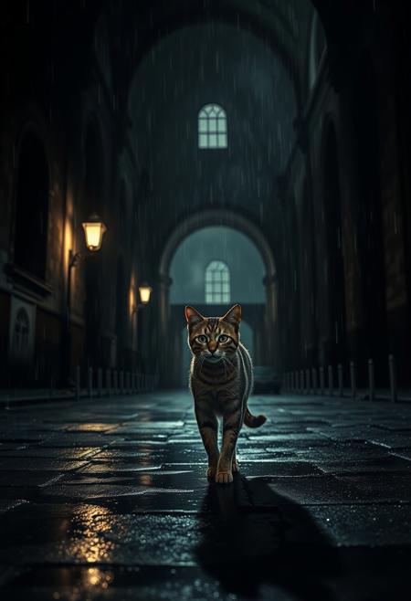 (Soft Lighting Photography by Mimoza Veliu and Mario Giacomelli:1.2), NSFW, A cat walking in a historical ruin, raining, moody, looking at camera, photorealistic rendering, moody chiaroscuro lighting