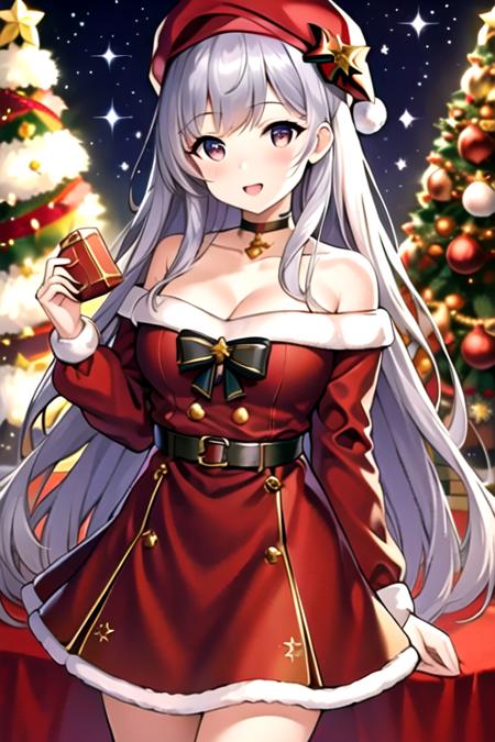 (masterpiece:1.2), best quality, masterpiece, highres, original,perfect light, 4k,8k,1girl, aran sweater, bangs, belfast \(azur lane\), black skirt, blush, box, breasts, brown sweater, choker, christmas, christmas ornaments, christmas tree, cleavage, collarbone, gift, gift bag, gift box, hat, heart-shaped box, holding, holding box, holding gift, holly, incoming gift, long hair, looking at viewer, off-shoulder sweater, off shoulder, open mouth, pocky, red headwear, santa hat, silver hair, skirt, smile, solo, sweater, very long hair, <lora:christmas:0.7>