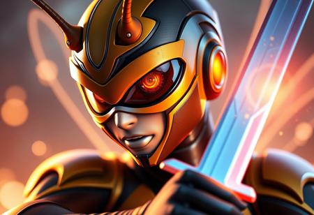 A close-up of a Wasp person holding a sword animated with a heroic presence of the seventh power ranger, personifying a mantid character with a vibrant glow. This artwork is an inspiration from the studios and artists that created the marvel comic's heroic poses with intricate details and vibrant colors, shining in styles from Owl Studio and Wasp Vice.