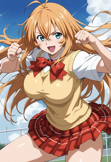 sonsakuhakufupony, long hair, blonde hair, aqua eyes, hair between eyes, antenna hair, large breasts,  school uniform, red bowtie, yellow sweater vest, red skirt, plaid skirt,