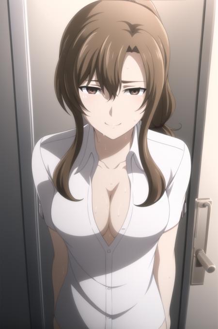 (masterpiece), high quality, detailed background, 1girl, solo,
<lora:SteinsGateMoeka-v1-07:0.6>, ChopioMoeka, brown hair, long hair, brown eyes, (looking at viewer:1.3),
mature female, medium breasts,
low ponytail, hair tie,
nsfw, door frame, seductive smile, seductive pose,
(view from front:1), <lora:oversizedShirt_v10:1>, <lora:seeThroughSilhouette:0.3>, white shirt, bottomless, partially unbuttoned, cleavage, sweat, sweaty, <lora:sweat_lotion_v2:0.1>,