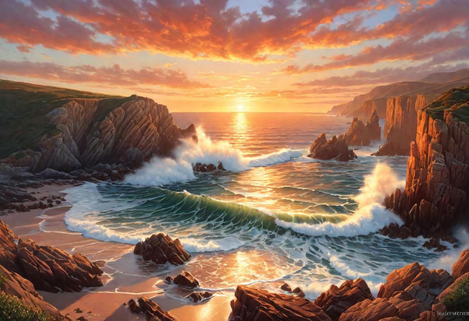 A beautiful watercolor painting of a sunset over the ocean with rocky cliffs in the foreground.
