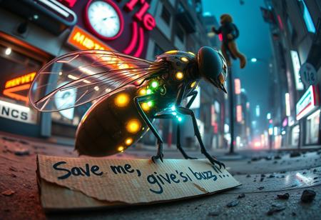 “Plastic Man morphing into a fly, blending human and insect features with intricate high-technology details. His body exhibits glossy, translucent plastic textures merging seamlessly with the sleek, segmented surface of the fly, complete with compound eyes, wings, and antennae. Random, glowing, fancy spots illuminate the scene, resembling futuristic bio-luminescence. A rotten piece of cardboard lies in the foreground, damp and crumpled, with bold, messy handwriting that reads: ‘Save me, give me buzz!’ The background is a chaotic, shifting mix of surreal abstract elements—an urban street corner, glowing neon signs, and floating mechanical parts—creating a random, futuristic landscape. Rendered with cinematic prime lens effects, using a fisheye 12mm perspective for dramatic distortion and dynamic depth, showcasing surrealism with stunning visual clarity.”