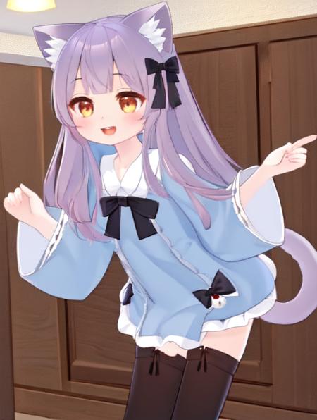 <lora:Milk-re-v1.2-:0.7> masterpiece, cat ears, cat tail, brown eyes, light purple hair, blue dress, black thighhighs, long sleeves, black bow, hair bow, frills, fur-trimmed dress, fur-trimmed sleeves, bell, jingle bell, indoors, open mouth, happy, summer,