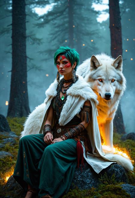 tribal warrior woman, sitting on a rock, short green hair, red war paint on cheeks, mature face, serious expression, large bone earrings, sleeveless olive-green tunic, thick white fur cloak with wolf hood, red-tipped wolf ears, glowing crystal pendant, giant white wolf behind her, protective, night sky full of stars, misty forest background, vivid colors, saturated lighting, rich color palette, glowing accents, semi-realistic, highly detailed, masterpiece, very aesthetic, dramatic cinematic lighting, fantasy atmosphere, sharp focus, rugged textures, natural materials