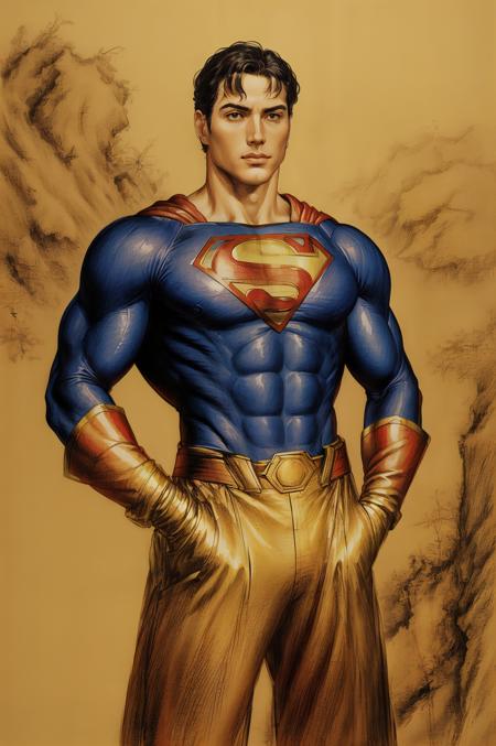 painting,langshining style,best quaility,masterpiece，traditional media,((low contrast)),yellow background
portrait of superman in the wild