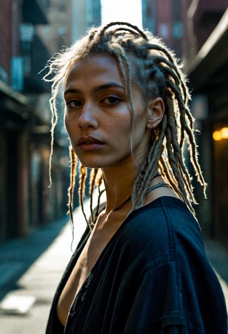 Craft a highly detailed cinematic full body portrait, capturing the essence of a character in a cinematic setting. (Bladerunner theme style)
Transgender .
Multiracial .
(Expression: Thoughtful and Contemplative .)
Hair Style: Dreadlocks .
Hair Color: Sandy Blonde .
Eye Color: Sapphire Blue .
Cinematic Artist .
Cinematic Location Deserted Alley .
Cinematic Lighting Underwater Radiance .
Clear Skies .
(Skin Detail: The skin exhibits ultra-detailed features down to the pores, capturing every nuance and texture with precision.)
<lora:add-detail-xl:1> <lora:sdxl_offset_example_v10:1>