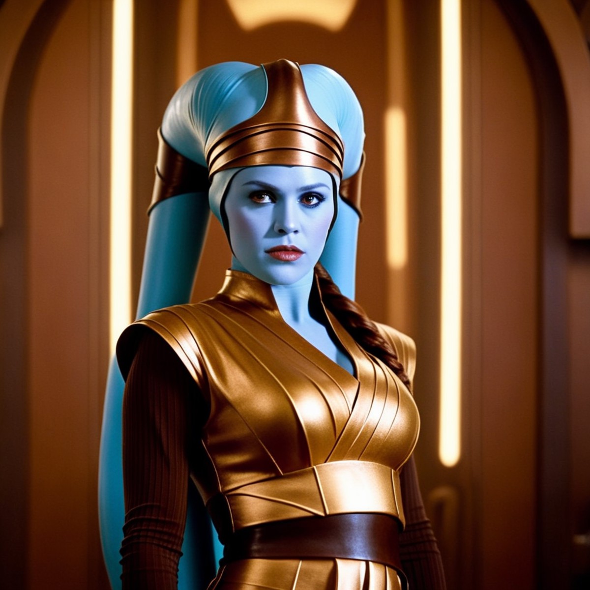cinematic film still of <lora:Aayla Secura:1.5>
Aayla Secura a woman in a gold dress standing in a room In Star Wars Unive...