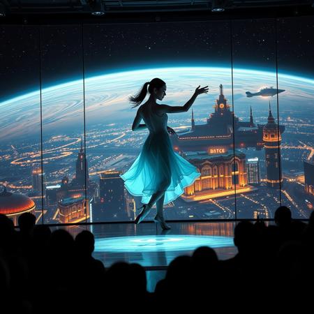 immaculately detailed realistic ultra quality image of a beautiful elegant female dancer is dancing on a futuristic stage micro-LED lighted, the dancer is the focus of the image, every detail of her dress and body are fully visible, the height of the image, behind the dancer on the stage is an enormous seamless and futuristic wall to wall and floor to ceiling window that looks out at a the planet's surface covered with the lights of enormous buildings and cities, An enormous deco starship with futuristic lighting and an enormous space station are visible in the background among the stars, Artistic art deco, dynamic perspective, (((overall architectural aesthetic is Art Deco Cyberpunk))).  Epic image that elicits a feeling of romanticism, wonder, and awe, the silhouette of the audience can be seen in the foreground that show the enormous scale of the stage and seamless window behind it,