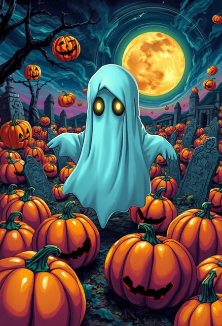 A hyper-stylized anime-style Halloween ghost, surrounded by a vibrant, pop art landscape of colorful pumpkins and twisted, surrealist graveyard scenery. The ghost, a cute, bedsheet-clad figure with a sweet, anime-style face, is distorted and elongated, with a melting, Dalí-esque quality to its edges. The pumpkins, a riot of bright, poppy colors and bold, graphic patterns, seem to float and swirl around the ghost, as if they're being blown by an invisible wind. The graveyard scenery is a twisted, surrealist dreamscape of melting headstones, distorted mausoleums, and other bizarre, nightmarish imagery. The ghost's eyes glow with a bright, shining light, adding a touch of magical, supernatural energy to the image. The overall effect is one of vibrant, eye-popping energy, as if the viewer is gazing into a kaleidoscope of colors and patterns. highest-Quality, intricate details, visually stunning, Masterpiece
