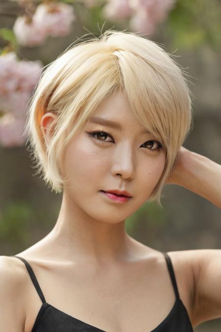 a beautiful picture of ch04xlv2,blonde,short hair, detailed skin texture,masterpiece, face focus, photorealistic, woman, 4k, HDR, backlighting, bloom, light, RAW color photo,(fully in frame:1.1), (blush:0.5), (goosebumps:0.5), arms behind head, asian. happy, idol  <lora:ch04xlv2:1>, korean,