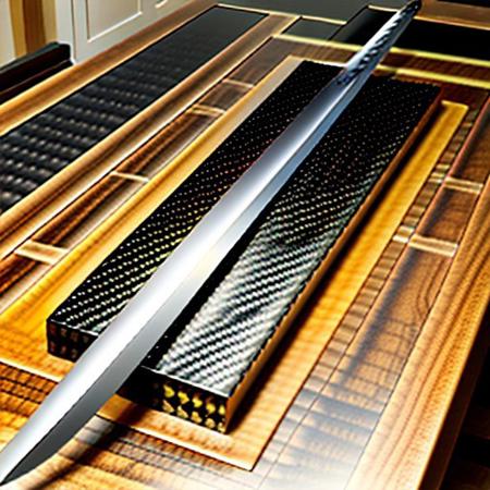 carbon fiber sword collection, conducting wooden electricity, 8k extreme detail, on a carbon fiber table,  realistic, perfect, no mistakes, amazing, epic, vibrant colors,