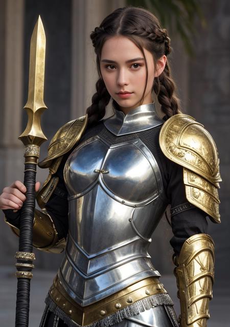 realistic, beautiful cute girl knight, long braided fringe hair, in a armor with weapon made of Gemstone with and pearl with gold marble abstract modern , illumination product promotion render octan close-up masterpiece, at the battle grounds, with high contrast 4k, sharp, very detailed, high resolution luxurious with shield, good hand,