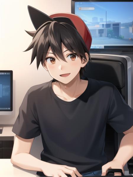 PokespeRed, jacket, shirt, black shirt, jeans, blue jeans, indoors, PC, gaming chair, 1boy, sitting, keyboard, gaming, smile, foward cap, red cap, brown eyes, solo, determined,  upper body, <lora:PokespeRed:0.8>