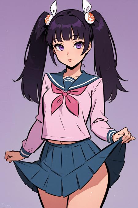 (masterpiece, best quality:1.2),  <lora:hugotendaz:1>, hugotendaz, 1girl, solo, skirt, purple hair, purple eyes, bangs, purple background, macaron, long hair, long sleeves, pink shirt, twintails, sailor collar, pleated skirt, blunt bangs, simple background, blue skirt, skirt hold, shirt, school uniform, looking at viewer, hair ornament, serafuku, cowboy shot, food, food-themed hair ornament