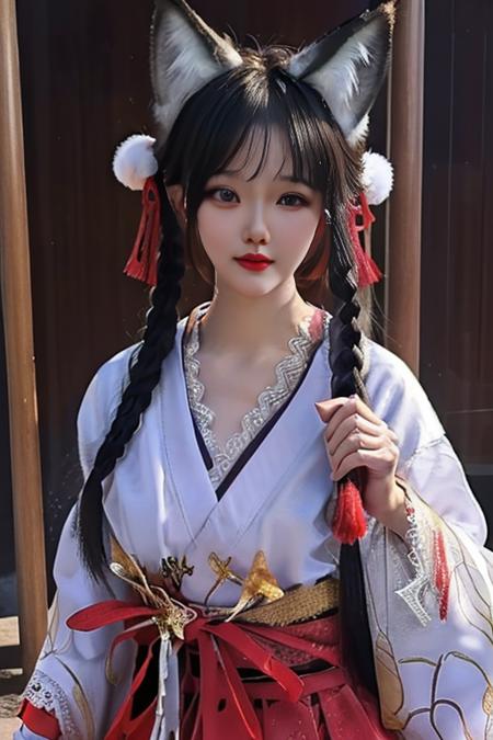 best quality, masterpiece,real,realistic, photo,photorealistic,looking at viewer,upper body,
1girl,hutao,indoors, fox girl, fox ears, fox tail, very long hair, bangs,japanese clothes, ribbon, hair ornament, wide sleeves, lace trim, golden ornament,miko,smock, 
<lora:hutao_tdnm_v1_08:0.7>