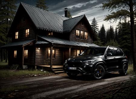 [old house, dark summer Forest at night, dark Style art], BMW-X5 on ground, elegant, detailed digital painting, apocalyptic art, (Ultra detail, Ultra Realistic, Hyperrealism, Ultra HD:1.1)