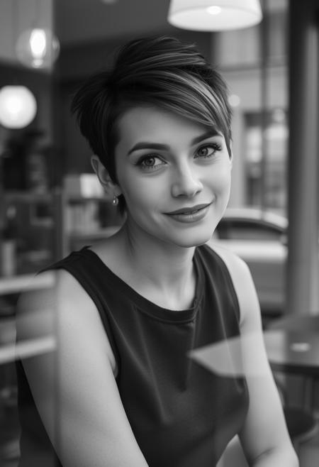RAW photo, B&W photo, portrait, woman looking directly at viewer, subtle smile, slim, petite, mid length pixie cut hair, sits inside a coffee shop, gazing playfully at the viewer through the window, The overall mood is casual and stylish, set against a warm, inviting ambiance
