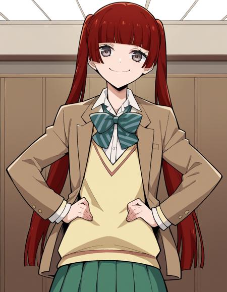 <lora:n-arisugawa-oc-ponyxl-lora-nochekaiser:1>, n-arisugawa, long hair, red hair, bangs, blunt bangs, hime cut, grey eyes, twintails, skirt, long sleeves, school uniform, jacket, miniskirt, green skirt, blazer, brown blazer, sweater vest, yellow sweater vest, bowtie, green bowtie, striped bowtie, collared shirt, ponytail, makeup, lipstick, skirt, long sleeves, school uniform, jacket, miniskirt, green skirt, blazer, brown blazer, sweater vest, yellow sweater vest, bowtie, green bowtie, striped bowtie, collared shirt,