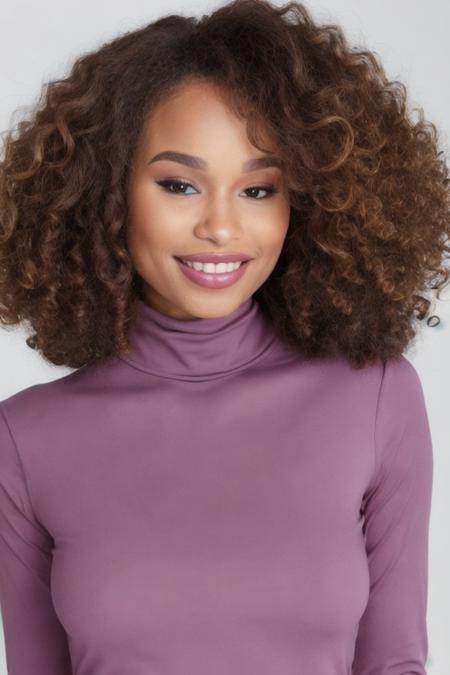 Portrait close up photo of c3c1l14l10n woman, purple turtleneck blouse, makeup lipstick, slight smile