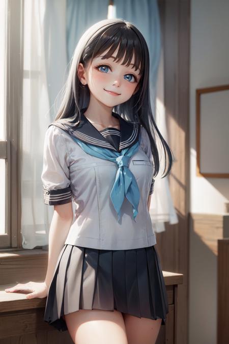 (masterpiece, best quality:1.2), <lora:akebissailoruniform_akebi-10:1>, cowboy shot, solo, 1girl, akebi komichi, smile, closed mouth, looking at viewer, arms behind back, school uniform, serafuku, pleated skirt