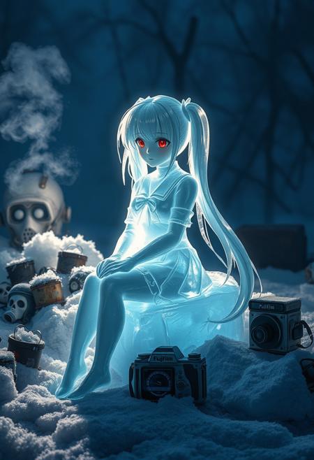 A hauntingly beautiful scene: a serene anime schoolgirl, carved from translucent ice, sits elegantly on a frozen industrial debris in a post-apocalyptic wasteland. Her porcelain-like skin glows under the cold bluish light that refracts through her crystalline body, casting rainbow prisms and ethereal patterns. Frost-covered gas masks, biohazard containers, and vintage electronics are entombed in layers of ice and snow, with rusty Fujifilm containers peeking through the formations. Her long gray-blue twin tails seem to float in a perpetual winter breeze, while her red eyes sparkle with specially colored ice that catches the light dramatically. Steam rises from patches of ground, adding an eerie atmosphere to this frozen apocalyptic scene, shot with photorealistic ice textures and cinematic lighting emphasizing translucency and reflection, shallow depth of field focusing on the ice figure.