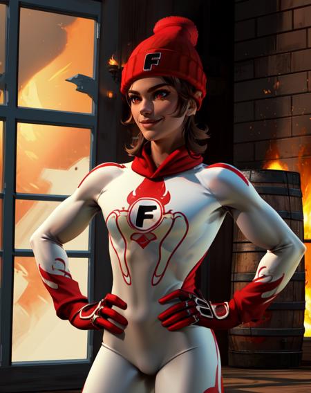 Heat, brown hair, red eyes, white and red body suit,   red beanie with letter F, gloves, 
solo, standing, smile,  hands on hips, 
 burning building, windows, barrels, indoors, 
 (insanely detailed, beautiful detailed face, masterpiece, beautiful detailed eyes, best quality)
 <lora:heat-10v6:0.7>