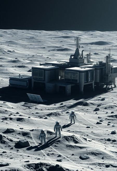 Ultra realism, high quality, high resolution 8K and above, stable and accurate focus, ultra correct anatomy, super detail. A lunar landscape with a space base located on the surface of the moon. The base is made up of multiple modules connected by tunnels and has large windows from where the Earth can be seen on the horizon. The Earth appears bright and blue in contrast to the gray and dusty surface of the Moon. In the foreground, astronauts in white spacesuits are seen performing scientific research and technical support. Large solar panels and communication antennas are located around the base.
Colors: Gray for the lunar surface, bright blue and white for the Earth, metallic colors for the base and equipment.
Objects: Space base, lunar surface, Earth, astronauts, solar panels, communication antennas.
Atmosphere: High-tech, futuristic, majestic.
Styles: Realistic, Sci-Fi.
Additional items: Moon dust, scientific instruments, space dust and particles, small exploration rovers.