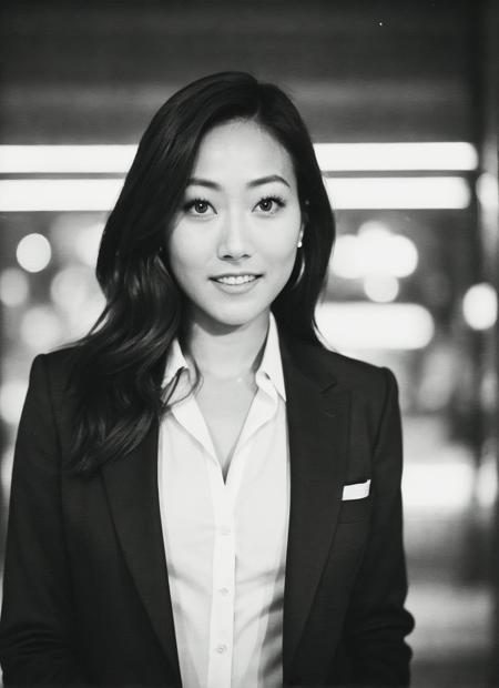 candid RAW close up portrait photo of sks woman in a (purple colored suit:1.0) on a dark street with shopping windows (at night:1.2), bokeh, Ilford Delta 3200 film, dof, high definition, detailed, intricate, flashlight, <lora:locon_karenfukuhara_v1_from_v1_64_32:1.25>