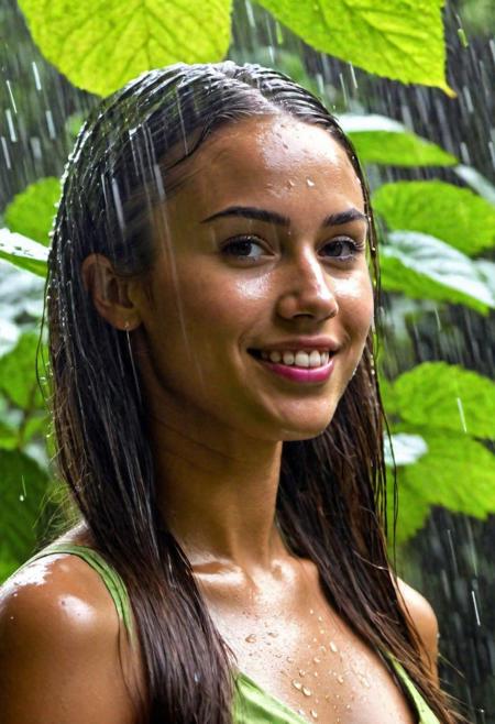 No Makeup, South Spanish Flat face, Amazon Rain forest, ((Extreme detail, Heavy Rain, Playing in rain, Plants)), Outdoor, Green and Gold shades, (((Full hand dress))), (((long shot, full body coverage))), Long and silky hair, head bend, Smile, dimples, black and brown hair while shades of violet, ((Cinematic lighting)), (((The image should be detailed and lifelike, making it challenging to discern whether it's a real photograph or a digital creation. Focus on achieving realism in her facial features, skin texture, and hair, and ensure the lighting contributes to the overall authentic appearance. Ray tracing)))