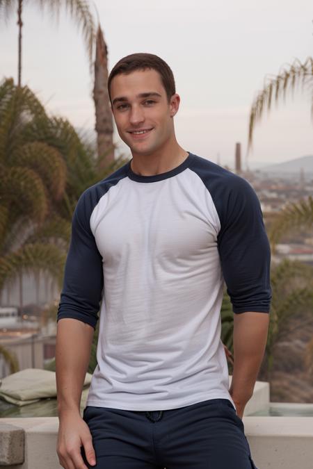 photo of man sc_walker smiling wearing raglan sleeve t-shirt and cargo shorts <lora:sc_walker_sfw_00006:1>