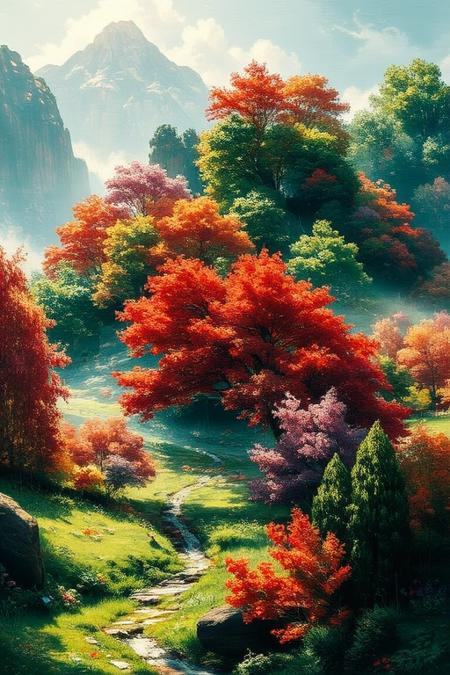 The gorgeous oil painting designed by AI show a palace-level design sense and are pleasing to the eye. The design color is mainly green red purple like spring landscape with early morning sunlight. Midjourney_Whisper