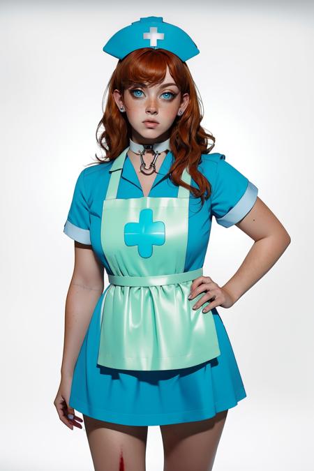 cr33pynurs3,short sleeves,apron,collar,blood on clothes,blue dress,blue headwear,nurse cap,nurse,blood,