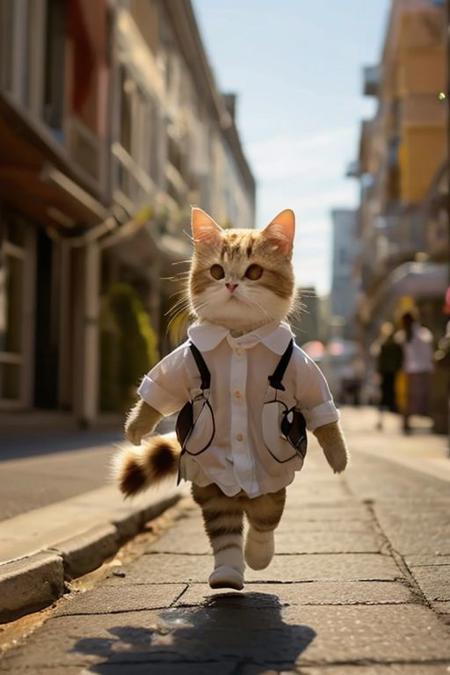 a woman's head, on a cat's body, running down a street, with a plane on her back