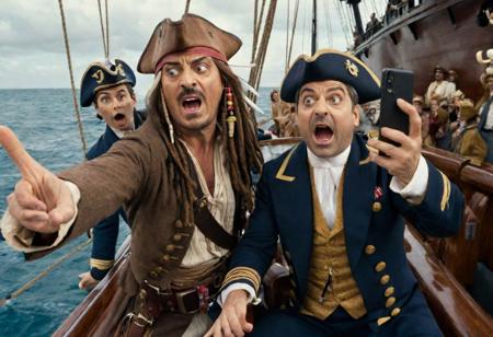 2 men taking a selfie , Johnny Depp dressed as Captain Jack Sparrow & 
Rowan Atkinson dressed as Mr Bean on the board of a sinking ship, in the background you can see the sailors yelling and screaming , realistic, complementary colors . octane render, highly detailed, volumetric, dramatic lighting