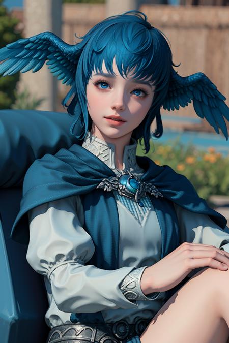 (8k, RAW photo, best quality, masterpiece:1.2), (realistic, photo-realistic:1.4), ultra-detailed, perfect detail ,make up,blue hair, head wings, jewelry,  bird tail,blue eyes, glowing eyes, looking at viewer, upper body, detailed eyes, bird legs,  short hair,realistic, bangs, Meteion, gem,  capelet,   <lora:Meteion:0.8>  teenage, upper body, looking at viewer,  smiley face, wild shot,