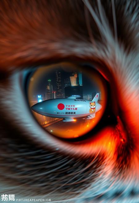 extreme close up portrait of a cat's eye reflecting the a futuristic Tokyo skyline at night from a very high level, the skyline is with futuristic skyscrapers and futuristic transports and futuristic aircraft and spaceships in a variety shapes and sizes, the airships covered with lights and advertisements in Japanese,  reflecting in the cat's eye is a huge airship that has an advertisement with a Japanese cat on the side, the cat's eye has takes up 85% of the image