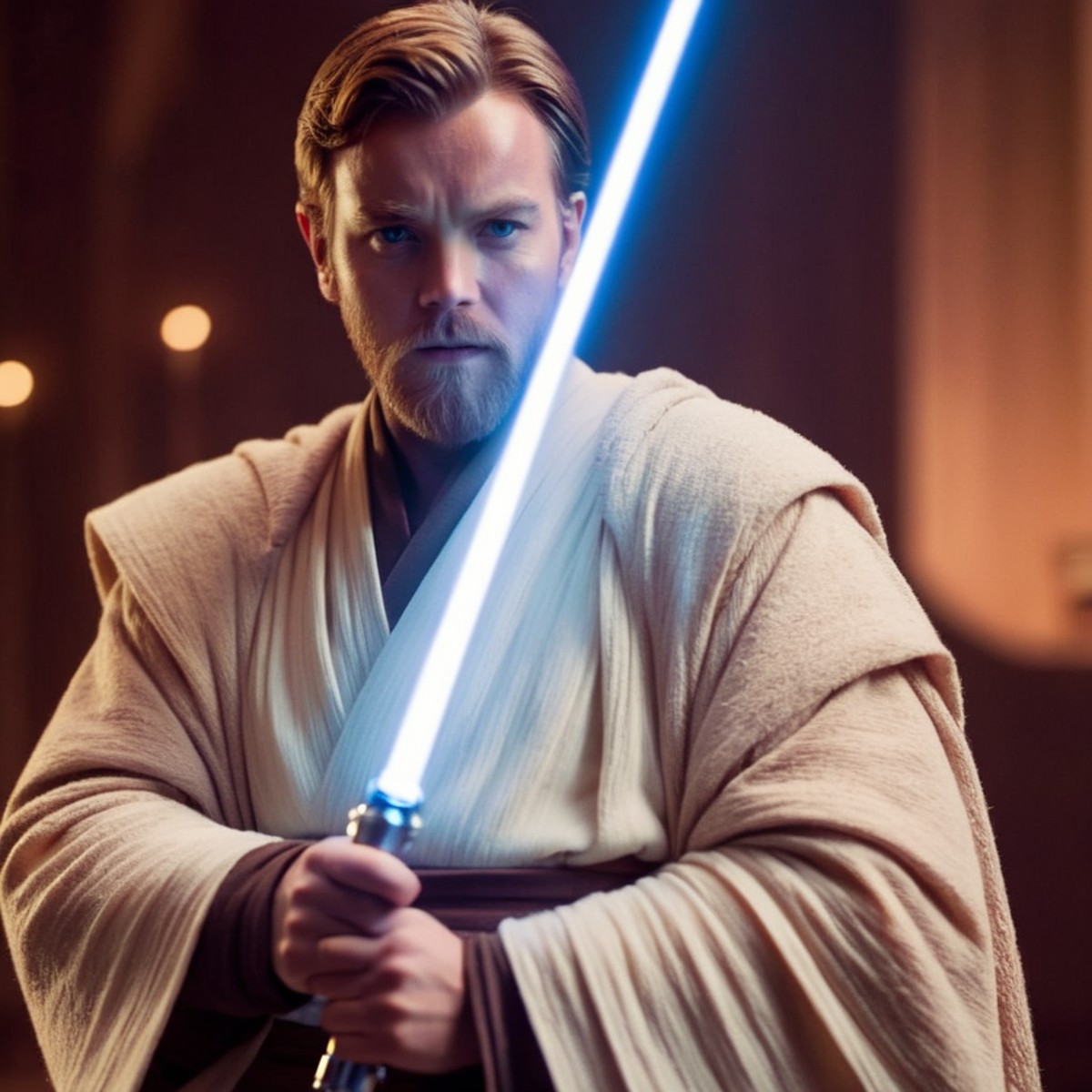cinematic film still of  <lora:Obi-Wan Kenobi:1.2>
Obi-Wan Kenobi a young man in a jedi costume holding a light saber in s...