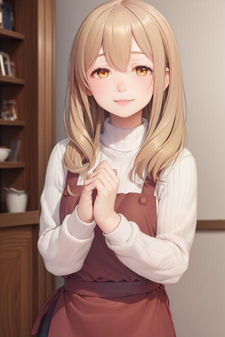 (masterpiece, best quality:1.2), <lyco:misscaretaker_sunohara-10:1.0>, solo, 1girl, sunohara ayaka, smile, looking at viewer, own hands together, sweater, apron