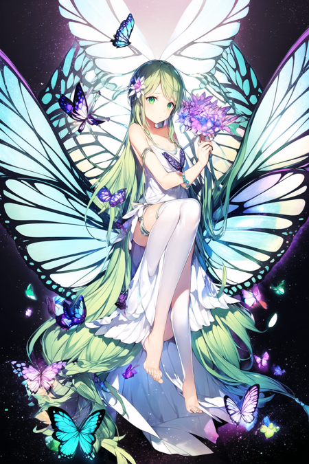 <lora:Anime_Style-10:1> 1girl, long hair, green hair, dress, black background, wings, flower, solo, butterfly, fairy wings, barefoot, hair ornament, white dress, bug, very long hair, hair flower, thighhighs, green dress, fairy, simple background, butterfly wings, green eyes, sitting, looking at viewer, full body, barefoot sandals, jewelry