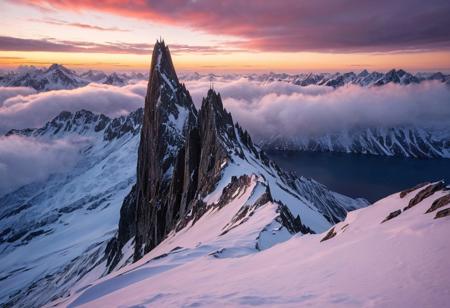 A cinematic wide shot photography of the view On a jagged peak surrounded by a sea of swirling clouds where sharp stone spires pierce the sky. At winter dawn, rosy light glints on frost-coated flakes, each breath hisses in frozen air, and the summit lies silent under fresh snow, masterpiece, best quality, amazing quality, very aesthetic, high resolution, ultra-detailed, absurdres, scenery, film grain, HDR, 8K, high contrast, realistic, cosplay, muted lithing, sharp focus, (chromatic aberration), fine details