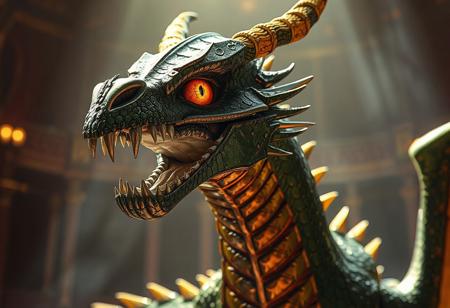Supreme King Dragon Odd-Eyes, skull head,metal textured body, green and yellow, Despia Theater backdrop, cinematic lighting, Artstation trending, octane render, Unreal Engine 6, detailed eyes, splash ink illustration, dynamic pose, Raphael style, golden ratio, 4k, high-res, exceptional quality, handcrafted, harmonious colors, matte painting, impeccable composition.