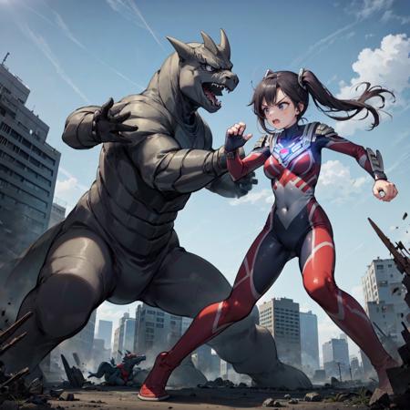 extremely detailed CG unreal engine 8k, best quality, 1girl, from side, beautiful detailed 1 young girl, Ultragirl, ultraman bodysuit, full body, (angry face :1.2), twintail, fighting stance, Godzilla (attacking :1.2), dragon, (battle, combat, fighting), looking at another, detailed (ruined buildings) behind, outside, ((dynamic), detailed fingers, detailed hands, detailed face), all intricate, (Rampage :1.0)
<lora:GTSv5:0.7>
<lora:Ultragirl-LoRA11:1>